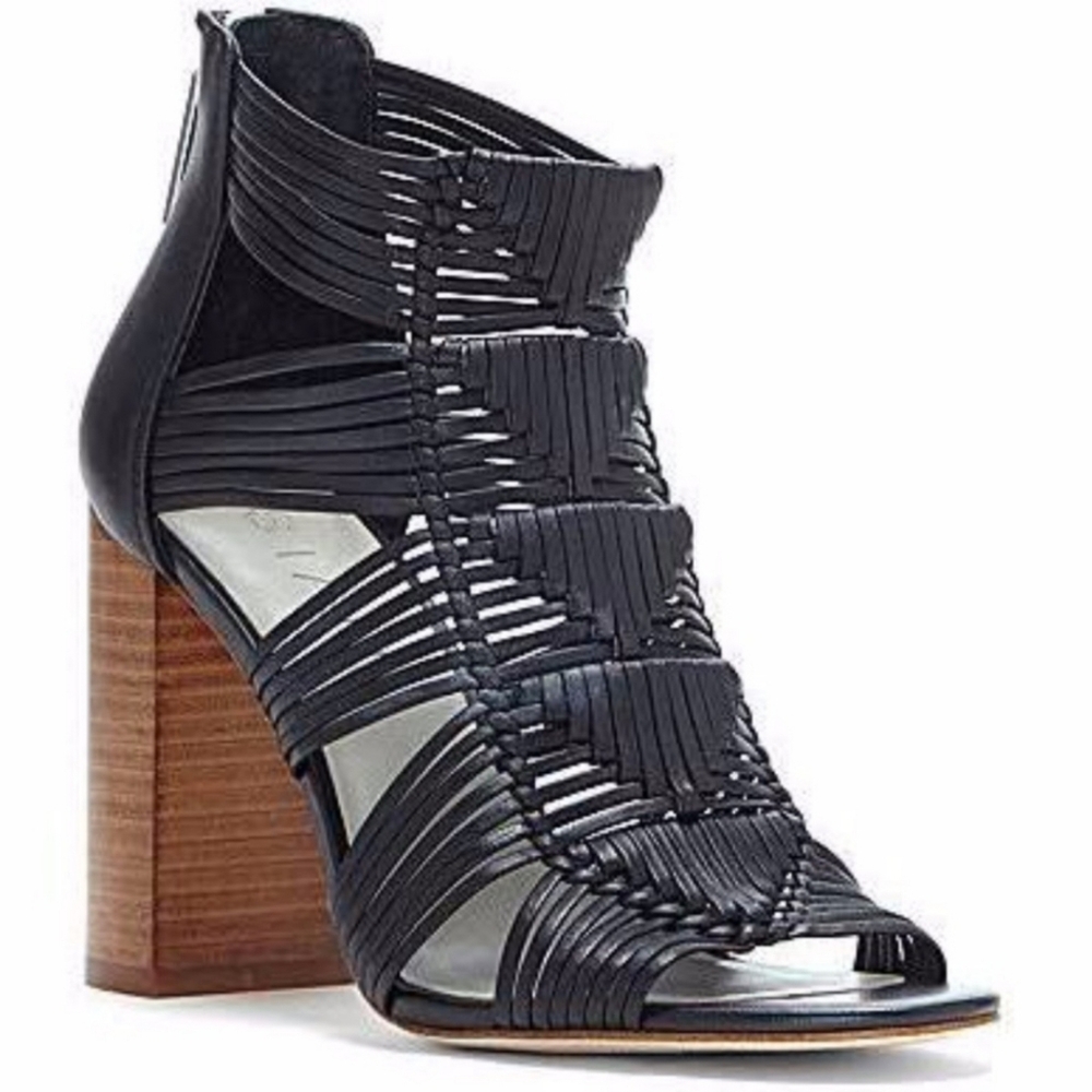 STATE 1 State Kenton Woven Heeled Sandal 9.5 M Black Leather Zip Back Stacked Op